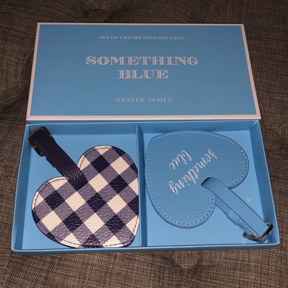 Draper James Something Blue Faux Leather Gingham Heart Luggage Travel Tag Set - Picture 6 of 11